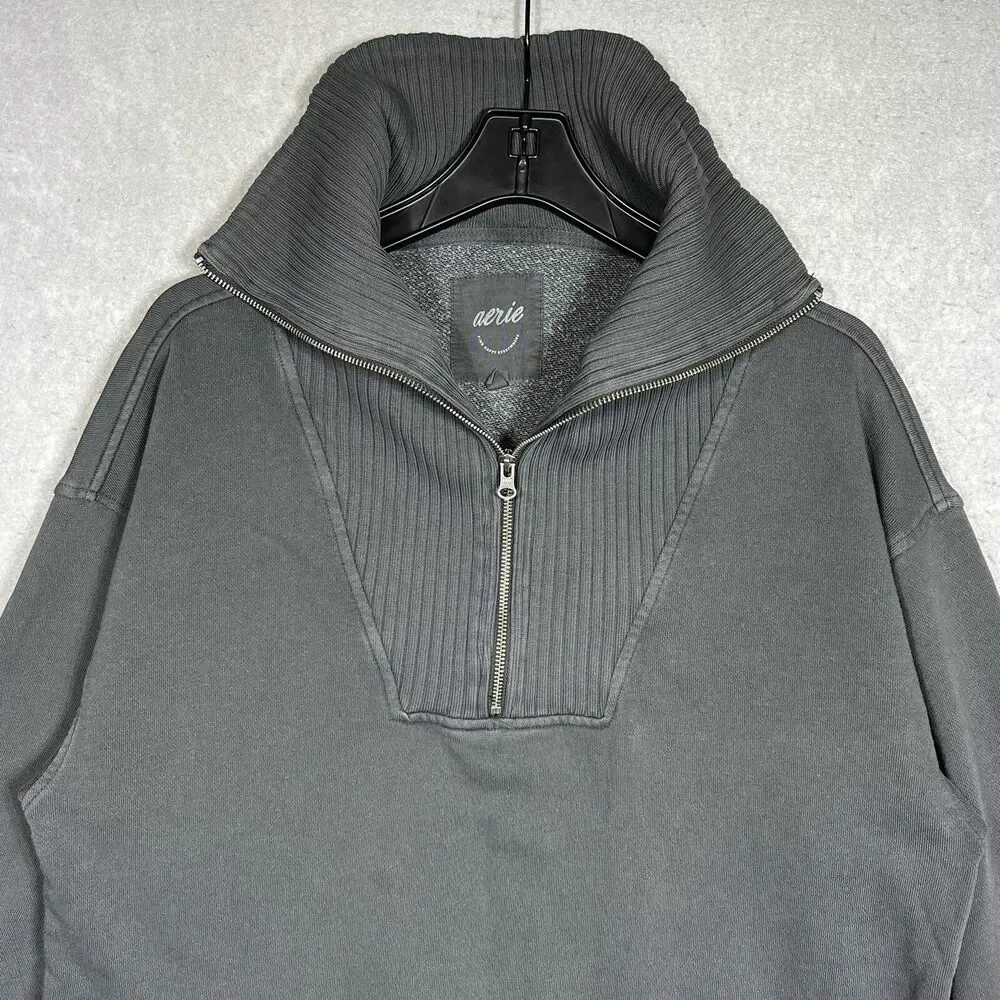 Aerie Sweater Women’s Small Gray 1/4 Zipper Mock Neck Sailor Collar Sweatshirt